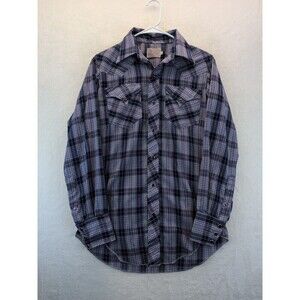 VTG H Bar C 14.5-33 Ranchwear Long Tail Pearl Snap Blue Plaid Shirt Western 70s